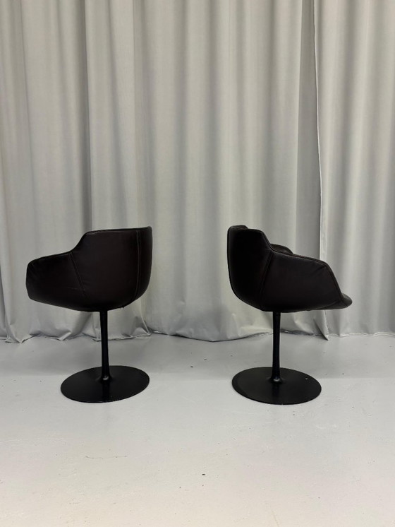 Image 1 of Vintage Brown Leather Swivel Cocktail Chairs, Italy 1980’s Set Of 2