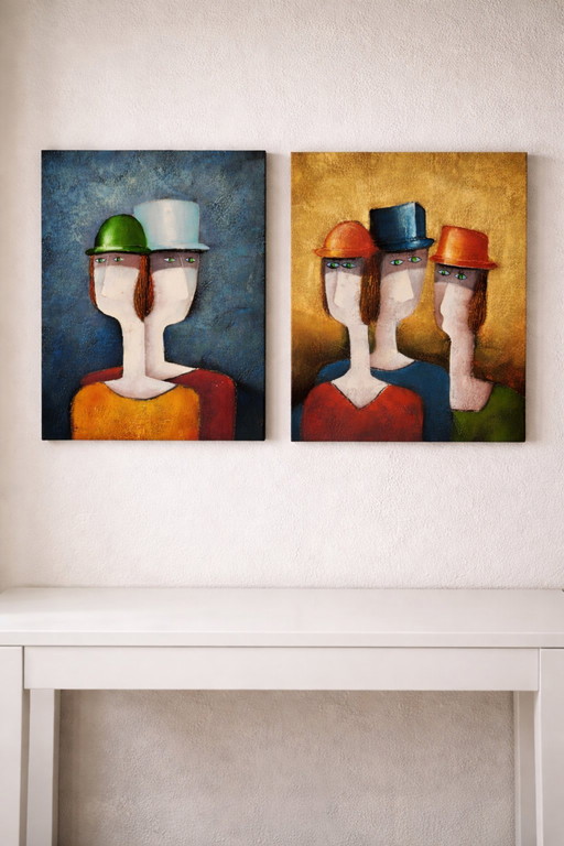 Set of 2 Hand-Painted Figurative Canvases – Contemporary Art