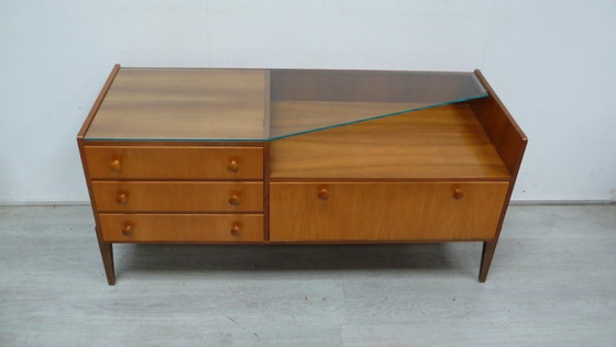 Lage commode met 3 lades en deur, salontafel, jaren 60 Mid Century Modern – Glass, Wood (photo 4 of 7)