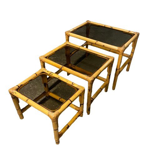 Image 1 of Bamboo and Smoked Glass Nesting Tables