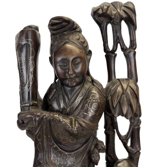 Estatua china antigua "Magu" con incrustaciones de plata - Madera dura - Siglo XIX (43 cm) – Esculturas (photo 11 of 15)