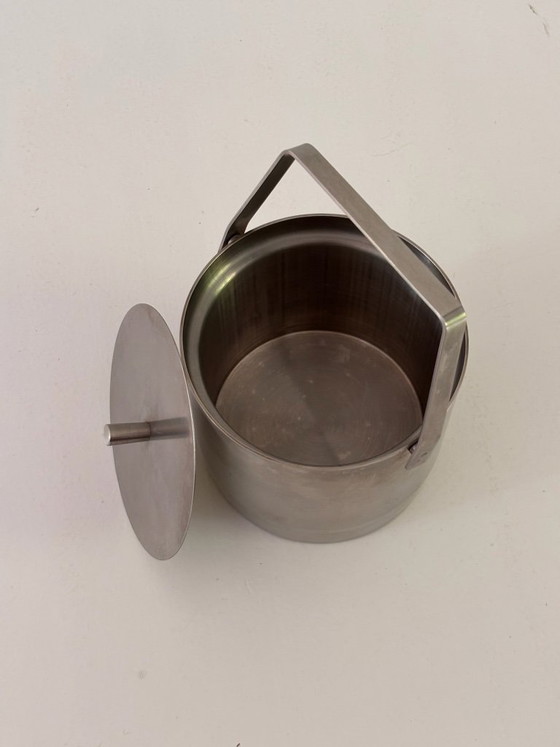 Image 1 of Seau à Glace Fufal Danemark Années 70 Inox Brossé Couvercle Massif Design Scandinave Vintage