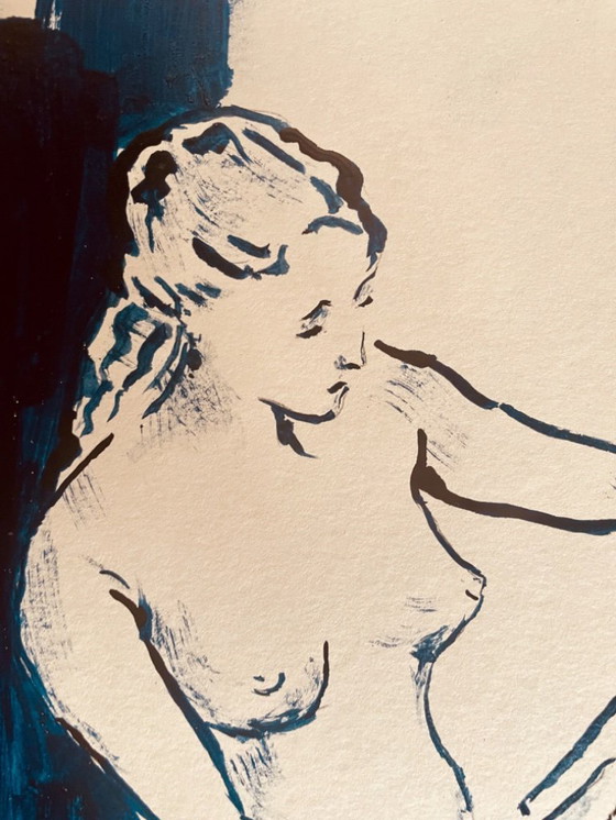 Image 1 of Indigo Blue Ink Painting "Female Model Drawing in the Painter's Studio"