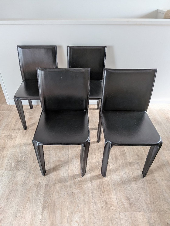 4 vintage Arper Italiaanse eetkamerstoelen uit de jaren 80/90, bekleed met zwart hard leer (in de stijl van (photo 15 of 22)