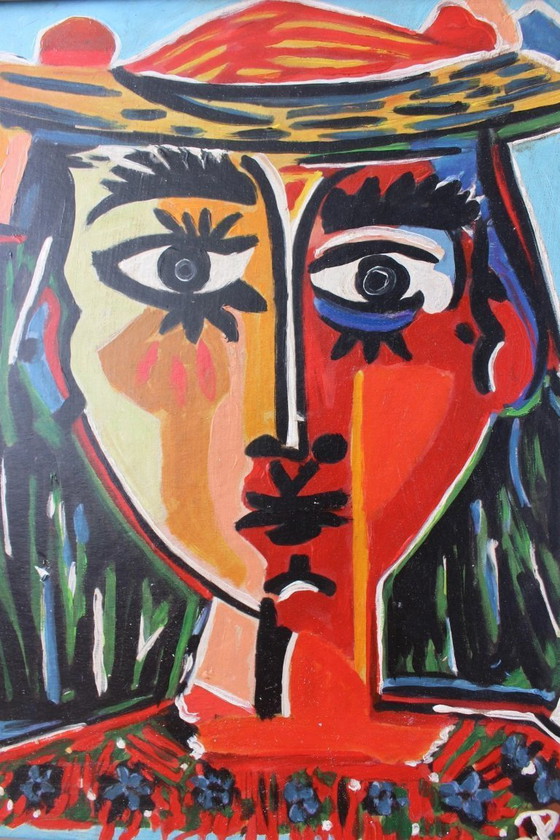 Image 1 of Ritratto a olio cubista/astratto d'epoca originale - Monogramma firmato