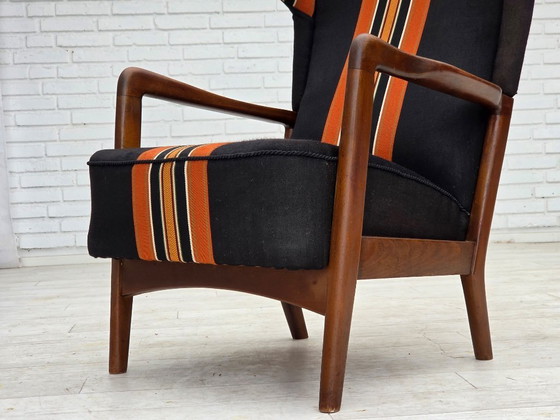 Image 1 of Anni '60, poltrona danese con schienale alto di Fritz Hansen, lana per mobili, legno di faggio.
