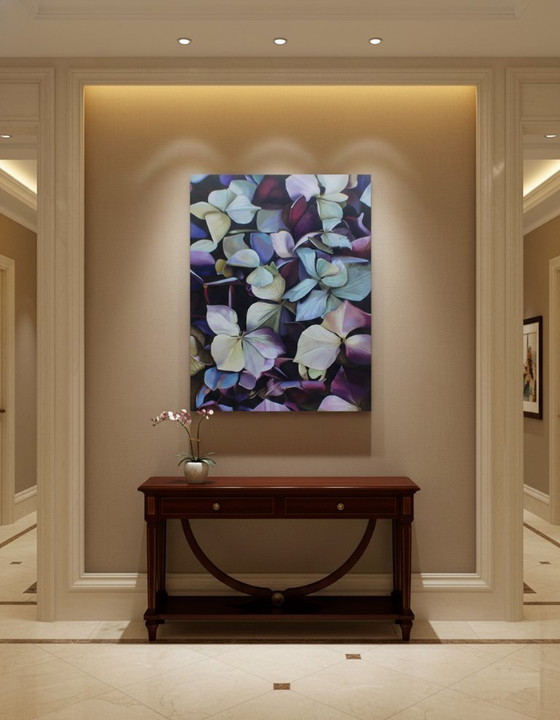Image 1 of Realistic Hydrangea Painting: Moody Purple Blue Floral Wall Art, Detailed Flower Botanical Decor