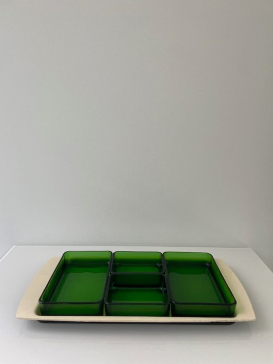 Image 1 of Vintage serving bowl with bright green glass trays - 1960s retro design