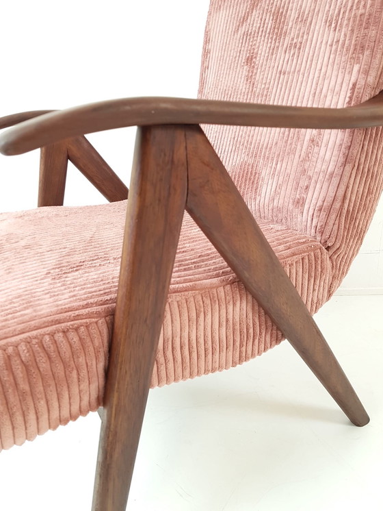 Image 1 of Vintage teak houten fauteuil | fauteuiltje roze nieuw