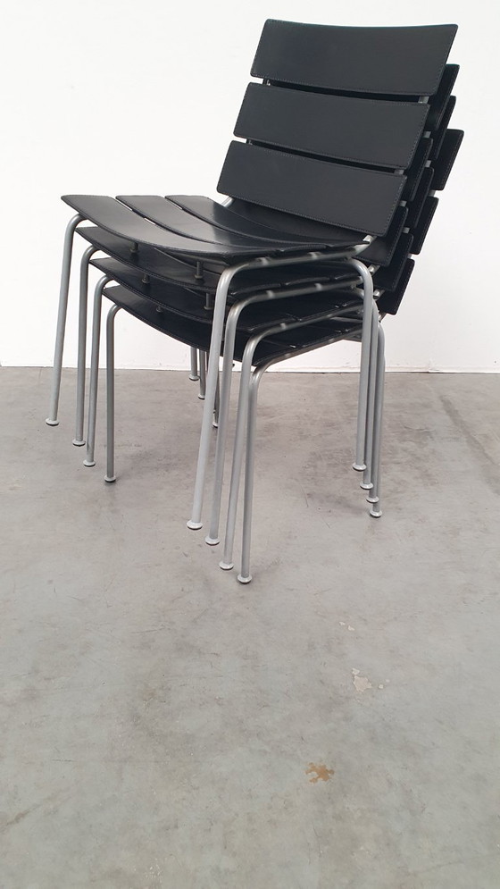 Image 1 of 4x Giancarlo Vegni Fasem Italia Stripe Zadelleer Vintage Stoelen Design