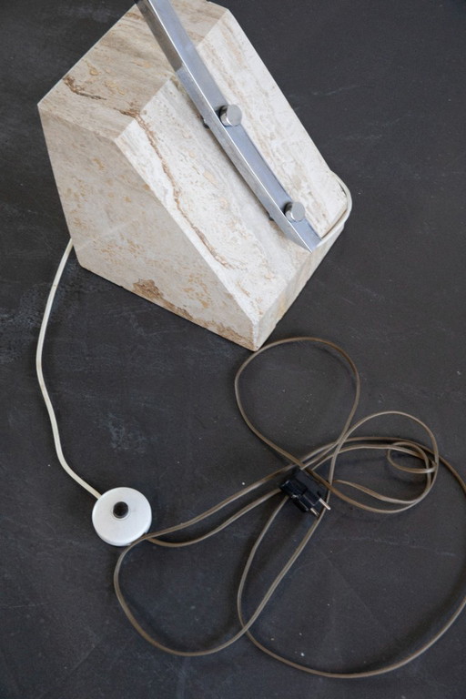 Mid-century arc floor lamp – travertine base – chrome steel – 1970s