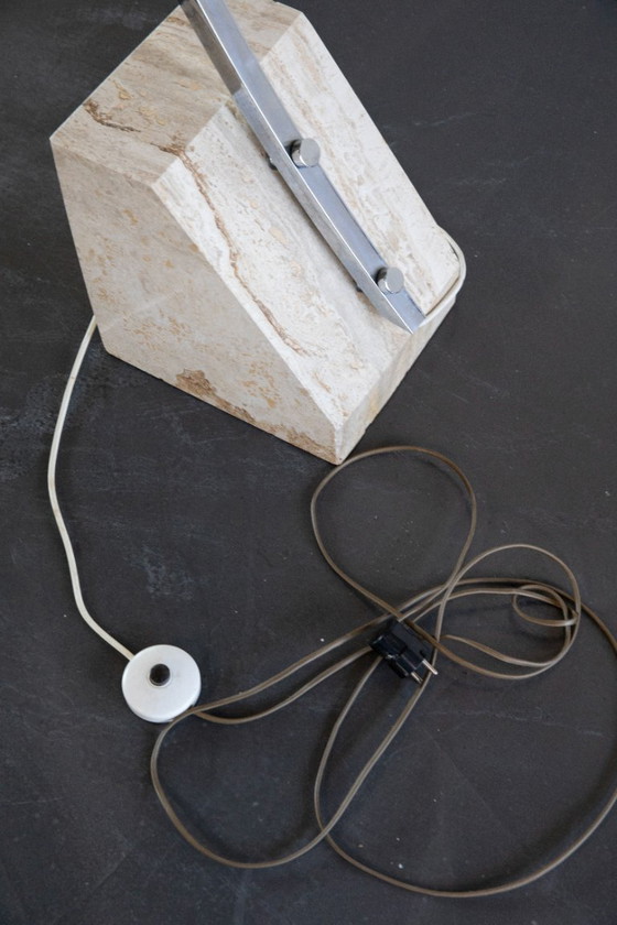 Image 1 of Mid-century arc floor lamp – travertine base – chrome stem – 1970s