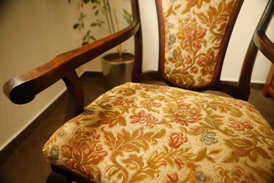 Image 1 of Antique Queen Anne Revival Carver Armchair with Floral Tapestry Upholstery 