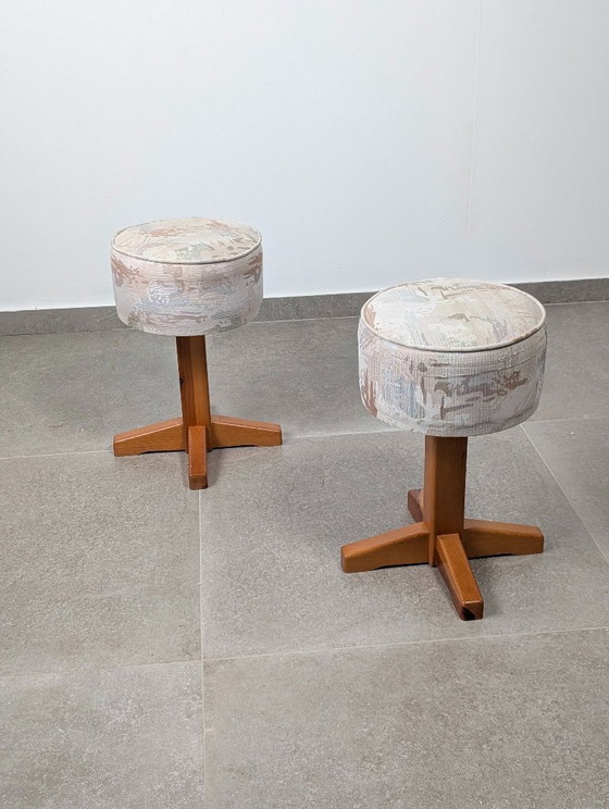 Pair of Scandinavian Modern Pine and Fabric Stools, 1980s – Textile, Wood (photo 3 of 9)
