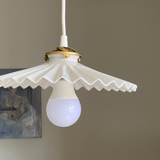 Image 1 of Antique pendant light with pleated white opaline glass shade
