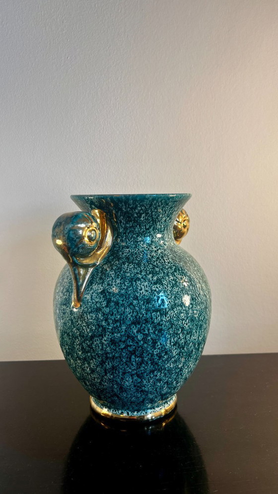 Image 1 of Vintage Vallauris Art Pottery Vase – Seafoam Glaze with Gilt Snail Handles | France, 1960s