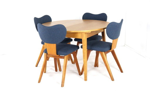 Beuken eetkamerset ronde eettafel + 4 eetkamerstoelen vintage in de stijl van Pastoe