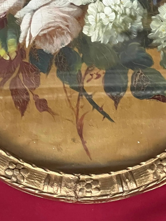 Stilleven met bloemen. Olie op paneel., Schilderijen & Tekeningen, Hout, Glas (foto 5 van 7)
