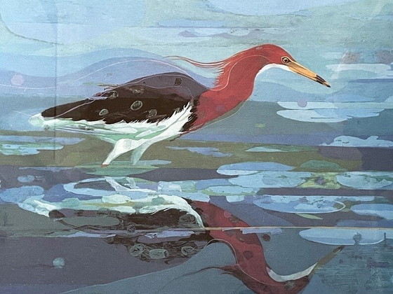 Image 1 of Litografía firmada de garza de estanque china por Lars Knudsen, impresión artística enmarcada