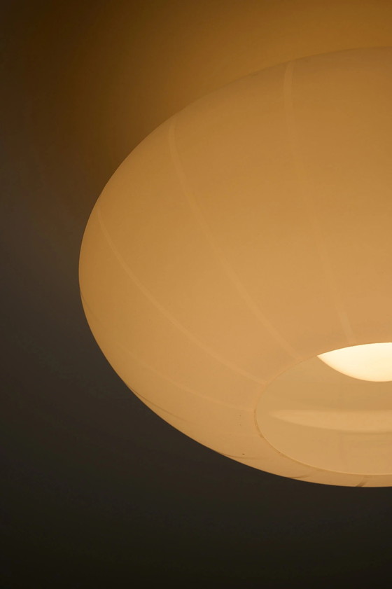 Large Striped Opaline Glass Flush Mount Ceiling Light, Metal, White (photo 9 of 11)
