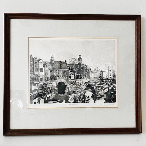 Jan van Rijsewijk ha firmato l'incisione "Porto di Delft" degli anni '60
