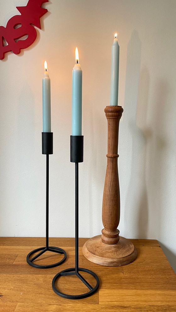 Image 1 of Trio van Teak en Vintage Stalen Kandelaars