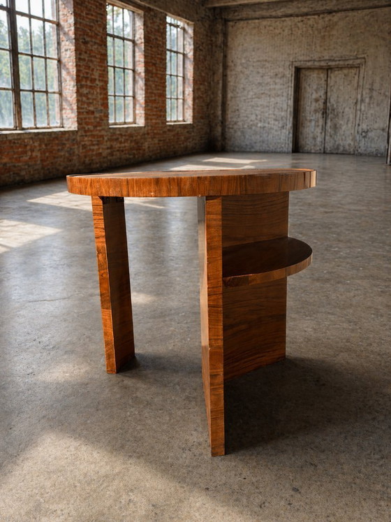 Image 1 of Art Deco Round Side Table with Shelf – Vintage Wood Occasional Table / Bedside Table