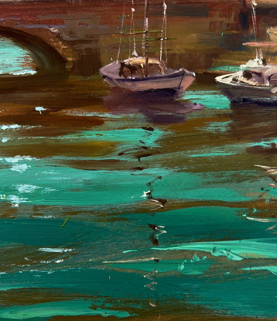 Original Oil Painting Urban Landscape Architecture River Bridge Busy City Streets – Paintings & Drawings, Mdf (photo 7 of 10)
