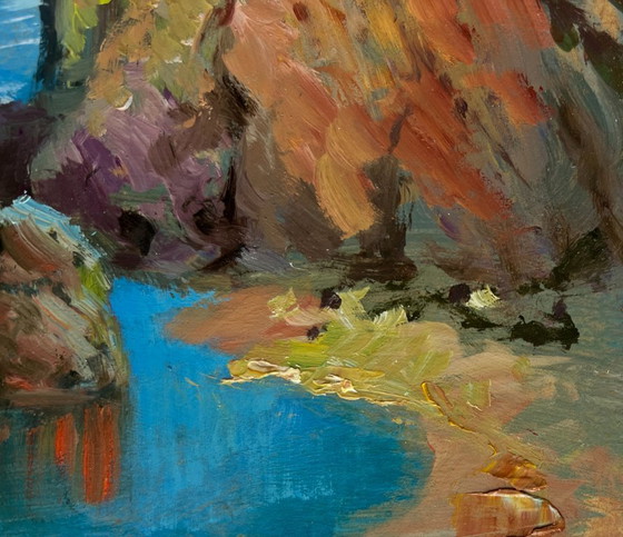 Image 1 of Original Oil Painting Summer Rock Landscape Waves crash against the rocks