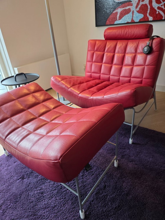 Image 1 of Leolux Volare 2x fauteuil met hoofdsteun en 1 x hocker / rood leder SENSO FERRARI 