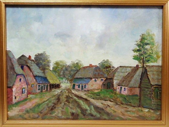 Image 1 of Oil on panel, small rural village, framed vintage painting, 1950-1970