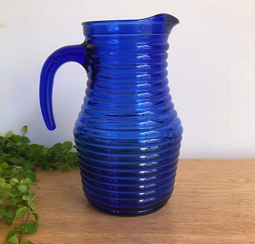 Beautiful Vintage Set of Carafe with 6 Lemonade Glasses in Cobalt Blue