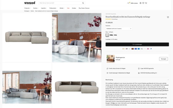 Woood Bean hoekbank, lichtgrijze stof, Hoekbanken, Textiel, Modern (foto 5 van 12)