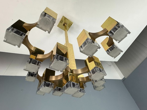 Image 1 of Lustre cubique Sciolari en laiton, édition rare, 17 lumières, Italie des années 1970