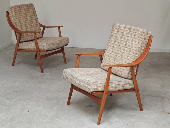 Paar Boomerang-Stil Sessel aus ecru-beigem Stoff, 1960er Jahre. – Wood, Scandinavian (photo 6 of 20)