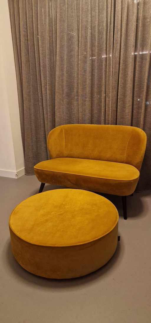 Yellow Velvet Bench (Sara) And Footstool/Hocker From Woood