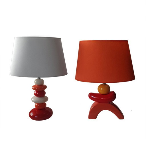 Set van 2 Franse keramische tafellampen in mid-century modern stijl. – Ceramic, Textile, Vintage