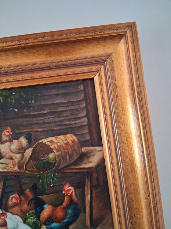 Image 1 of ORIGINAL Ölgemälde auf Holzplatte inkl. Rahmen | Hühner/Bauernhof | Signiert