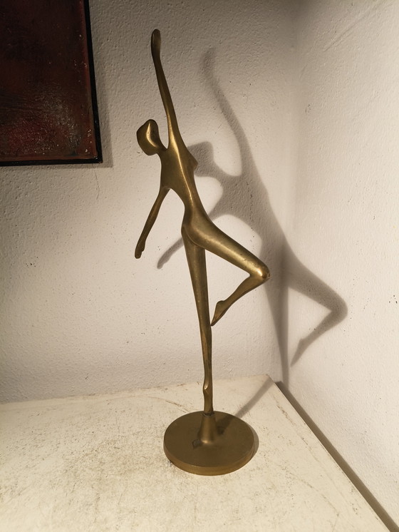 Image 1 of Vintage design modernist stylized brass sculpture of a ballerina dancer