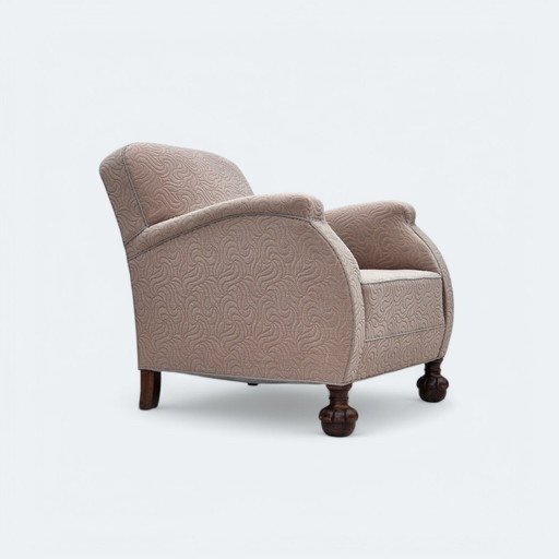 1950s Danish Art Deco Armchair, Quality Beige Furniture Wool, Oak Wood Legs