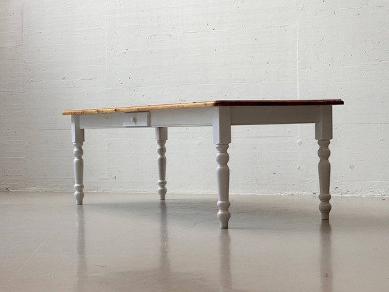 Image 1 of Large country-style dining table, solid wood, white painted, 1980s