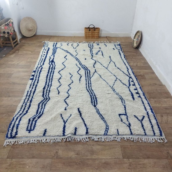 Image 1 of Large Handmade Berber Rug | Moroccan Cream Wool Rug with Blue Patterns