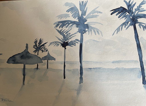 Aquarelle Bleue Plage Palmiers "Mauritius