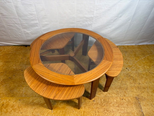 Mid-century retro vintage teak round coffee table with 3 nesting side tables by g plan – 1960    Elegant design|functional