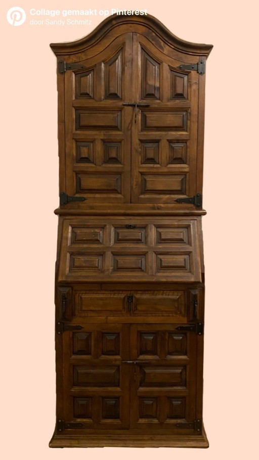 Antieke Spaanse Revival Secretairekast van Massief Hout 