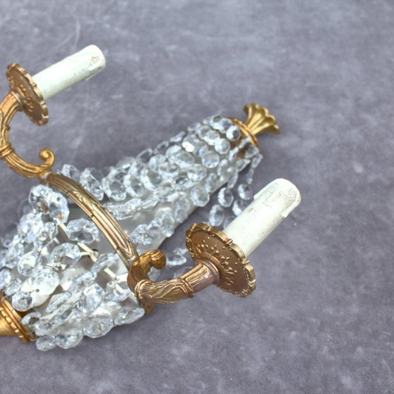 Image 1 of Antique set of 2 gilded brass sconces with crystal cutted drops romantic home decor from France