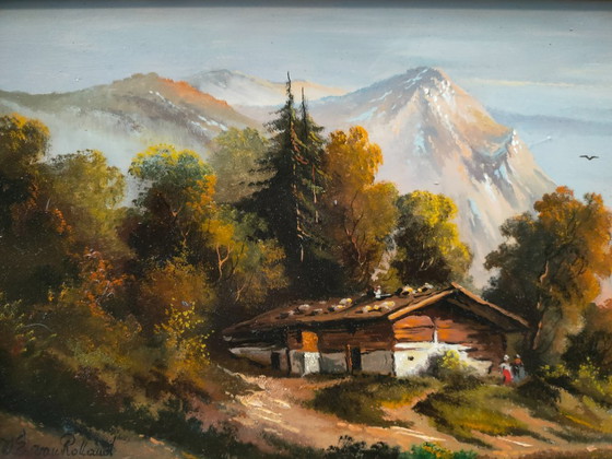 Image 1 of Pascolo alpino sullo sfondo di montagne, dipinto a olio di W. E. Van Rolland