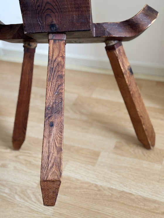 Image 1 of Vintage brutalist wooden tripod stool / side table