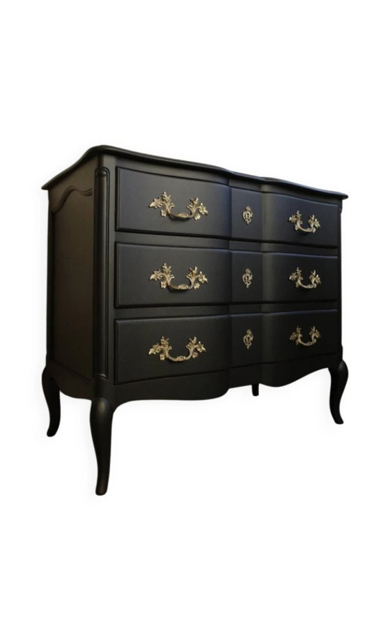 Vintage French commode, black chest of drawers with brass handles, Wood, Metal, Rococo (photo 5 of 5)