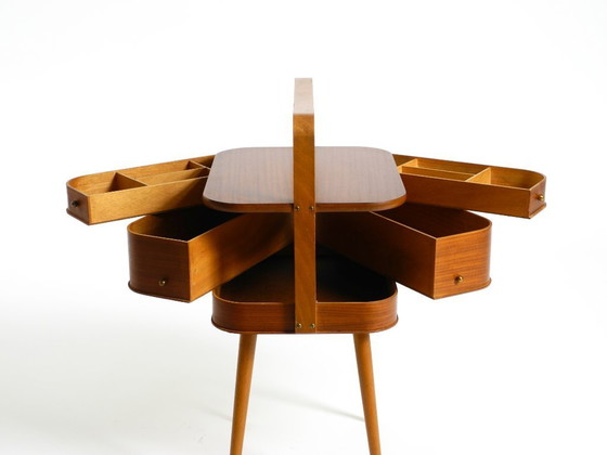 Image 1 of Beautiful original Mid Century teak sewing box with hinged compartments